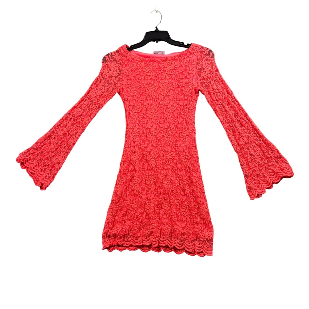 Basically Me Women's Small Coral Pink Lace Bell‎ Sleeve Mini Dress Boho Coquette